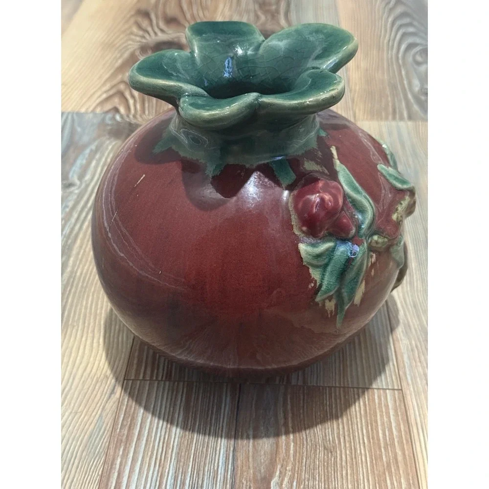 VTG Very Rare Hand Made Pomegranate Vase Deep Red W Green Majolica 7
